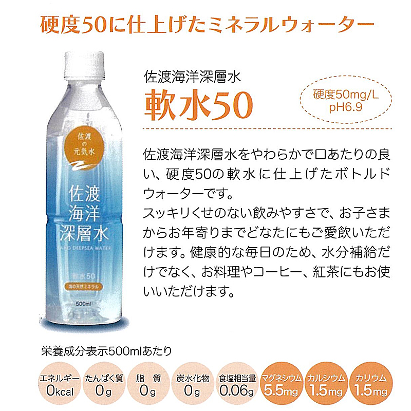 夏のご愛顧感謝キャンペーン実施中！佐渡海洋深層水 軟水50　500ml×24本(1ケース)プレゼント付き【28ptプレゼント】の画像