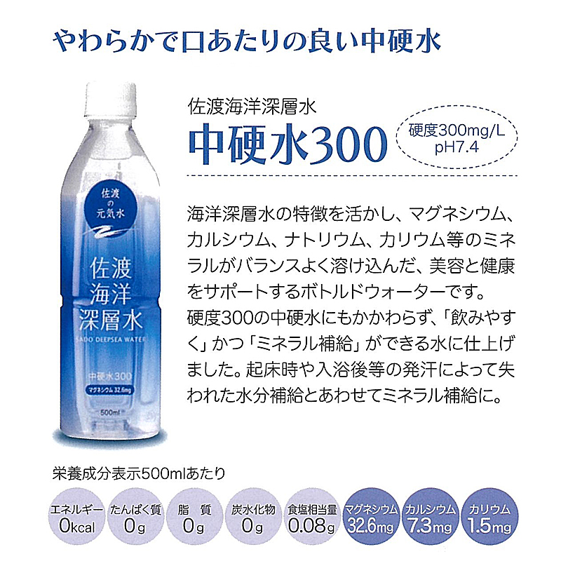 夏のご愛顧感謝キャンペーン実施中！佐渡海洋深層水 中硬水300　500ml×24本(1ケース)プレゼント付き【31ptプレゼント】の画像