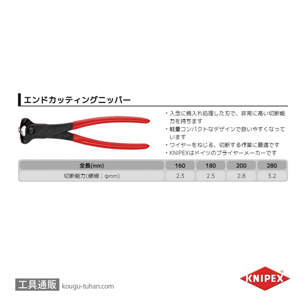 KNIPEX 6801-280 エンドカッティングニッパー (SB) 「工具通販」