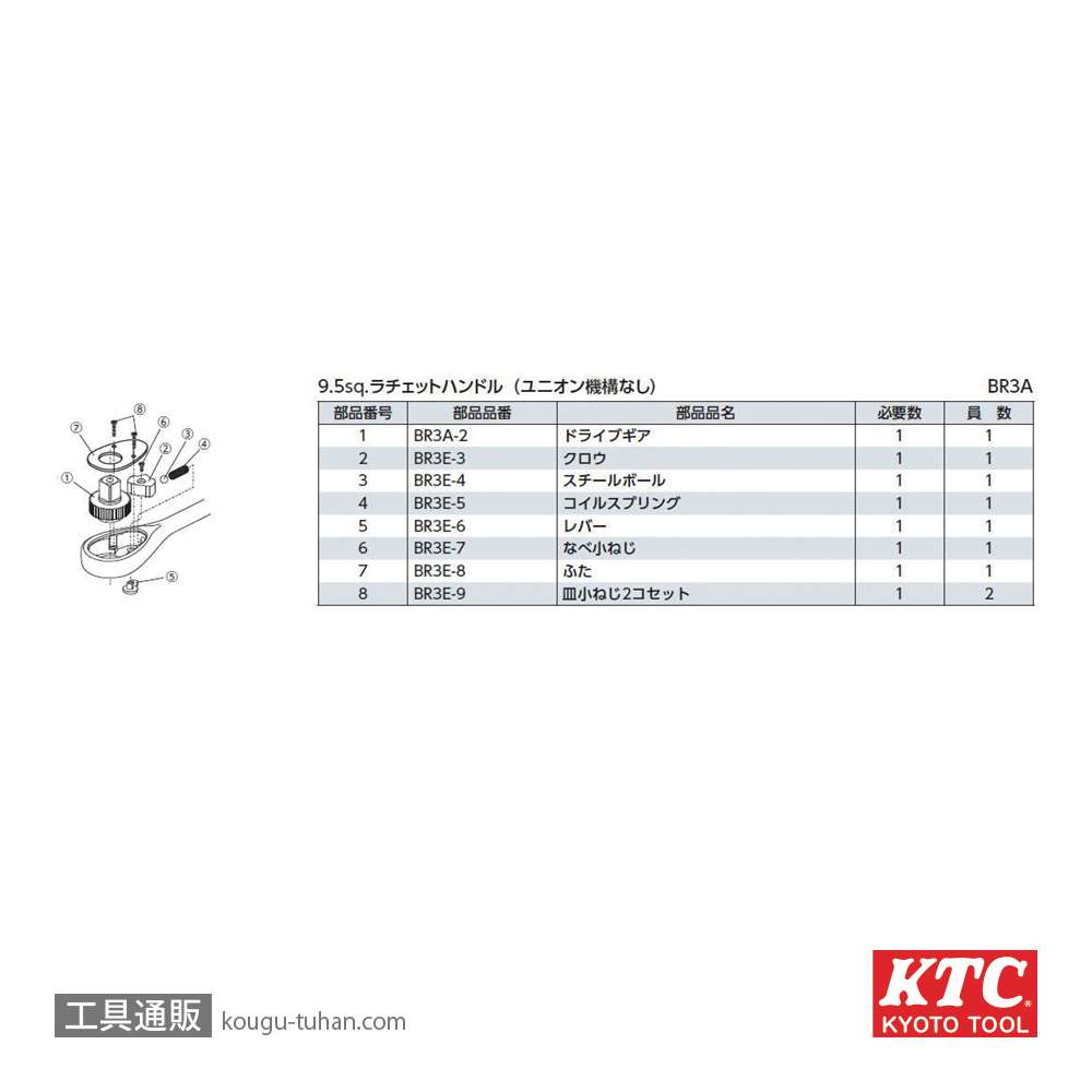 KTC BR3A-K (9.5SQ)ラチェットヘッドリペアキット(ユニオンキコウナシ画像