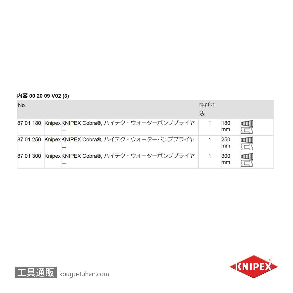 KNIPEX 002009V02 コブラ3本セット 180/250/300の画像