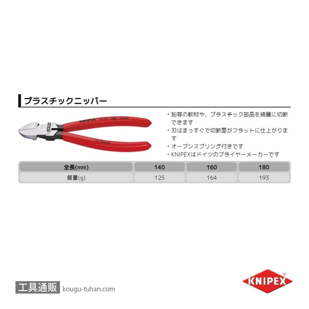 KNIPEX 7201-160SB プラスチック用ニッパー (SB)の画像