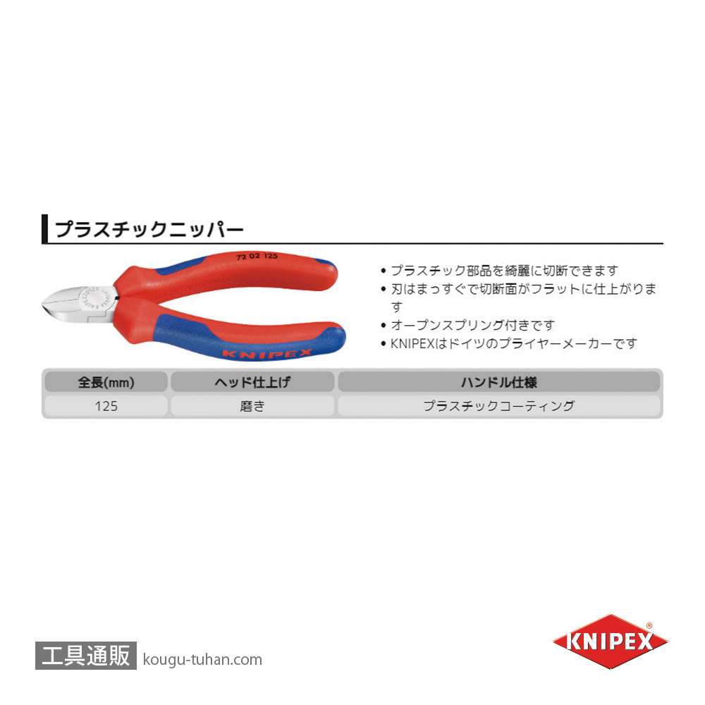 KNIPEX 7202-125 プラスチック用ニッパーの画像