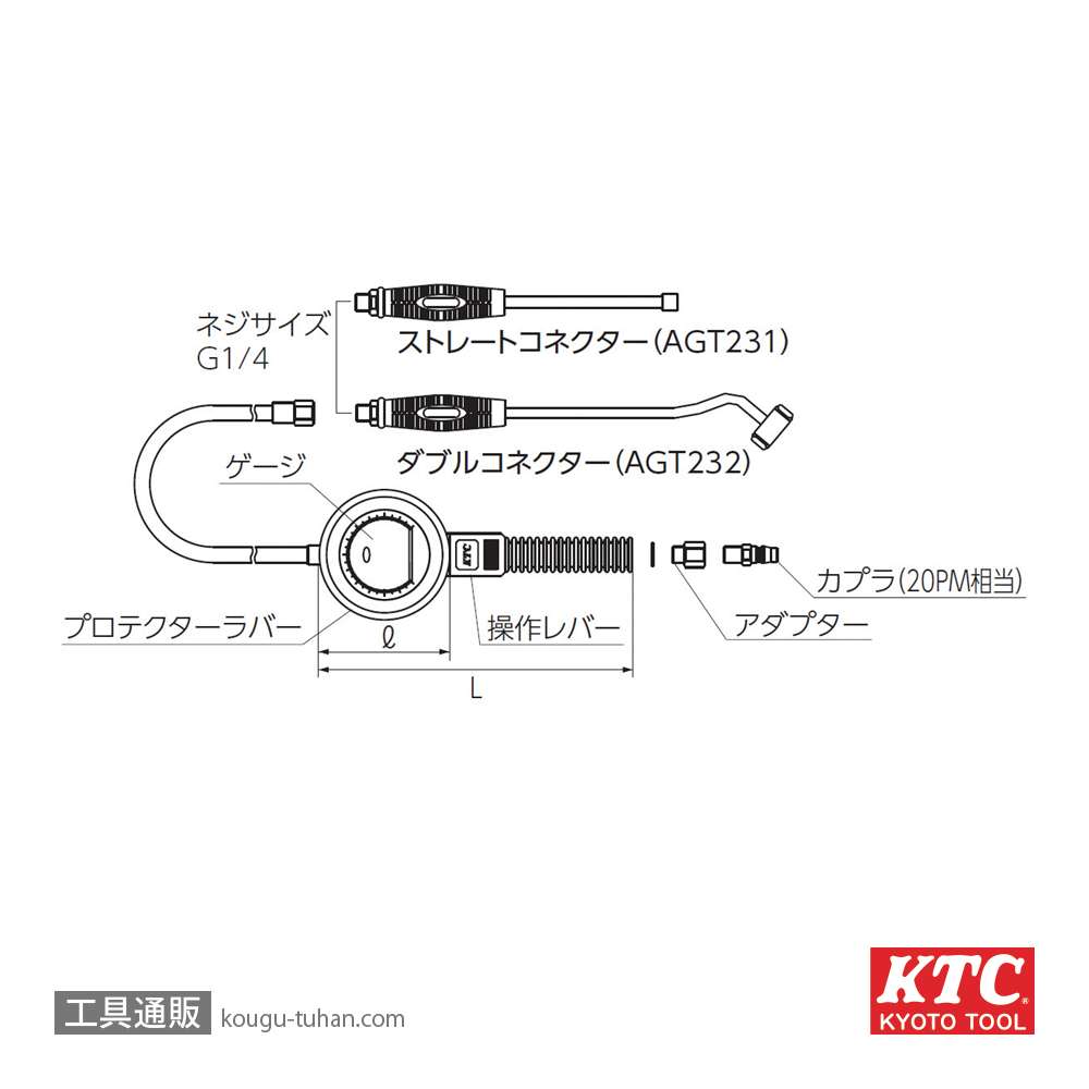 KTC AGT232 タイヤエアゲージ 0-1200KPA (ダブルコネクター)の画像