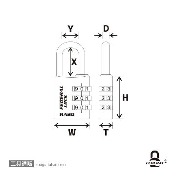 FEDERAL LOCK RA20-BK-P ダイヤル式アルミ南京錠 20mmブラックの画像