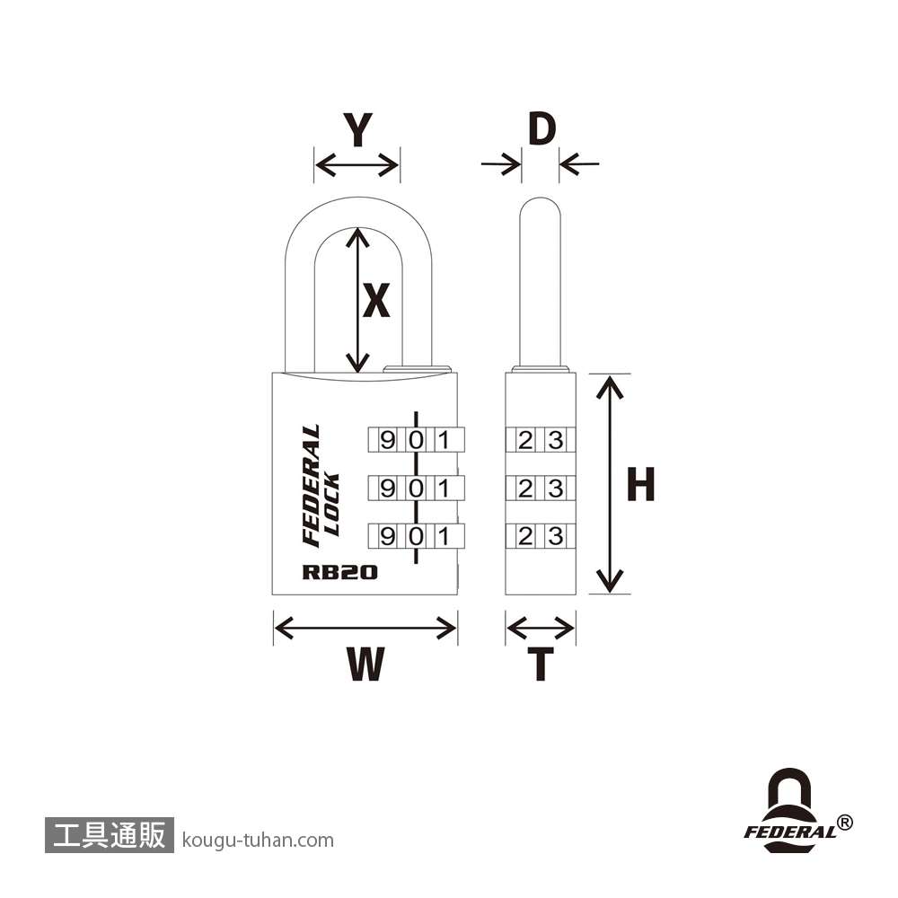FEDERAL LOCK RB20-P ダイヤル式南京錠 20mmの画像