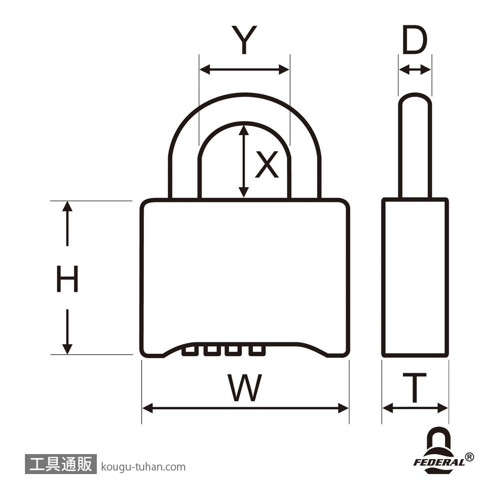 FEDERAL LOCK RB50ZR-Y-P ダイヤル式南京錠チェンジKEY付イエローの画像