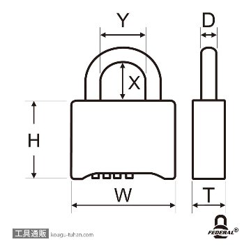 FEDERAL LOCK RB50ZR-Y-P ダイヤル式南京錠チェンジKEY付イエローの画像
