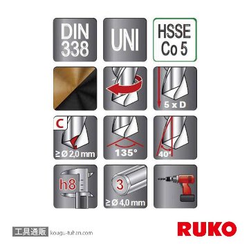 RUKO 228020 鉄工ドリル HSSE コバルト5%入 2.0MM【10点セット】の画像