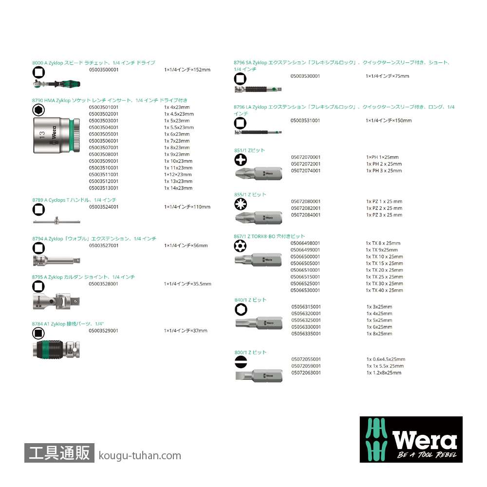 Wera 8100 SA 2 サイクロップスピードラチェット1/4SQセット(42点,メタルケース)の画像