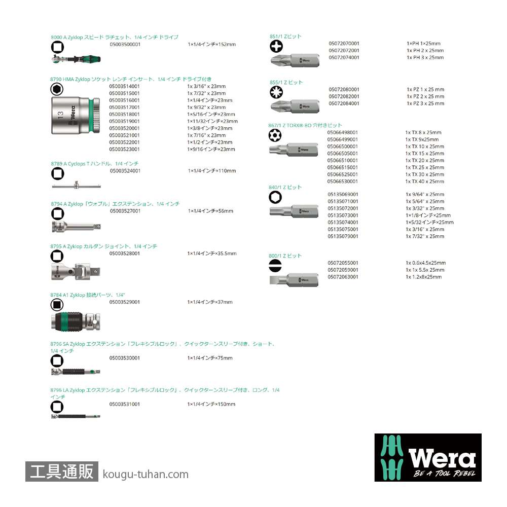 Wera 8100 SA 4 サイクロップスピードラチェット1/4SQセット(41点,メタルケース)の画像