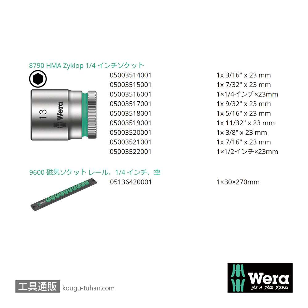 Wera A 4 サイクロップ1/4SQソケットセット(インチ,マグネットレール)の画像