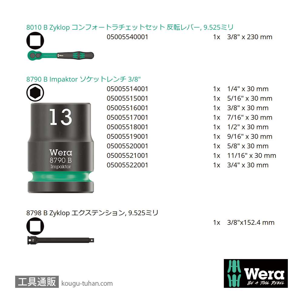Wera 8100 SB 13 サイクロップ コンフォートラチェット3/8SQセット(インチ)の画像