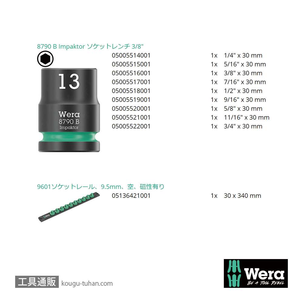Wera 9608 B 3/8SQインパクトソケットセット(インチ,マグネットレール)の画像
