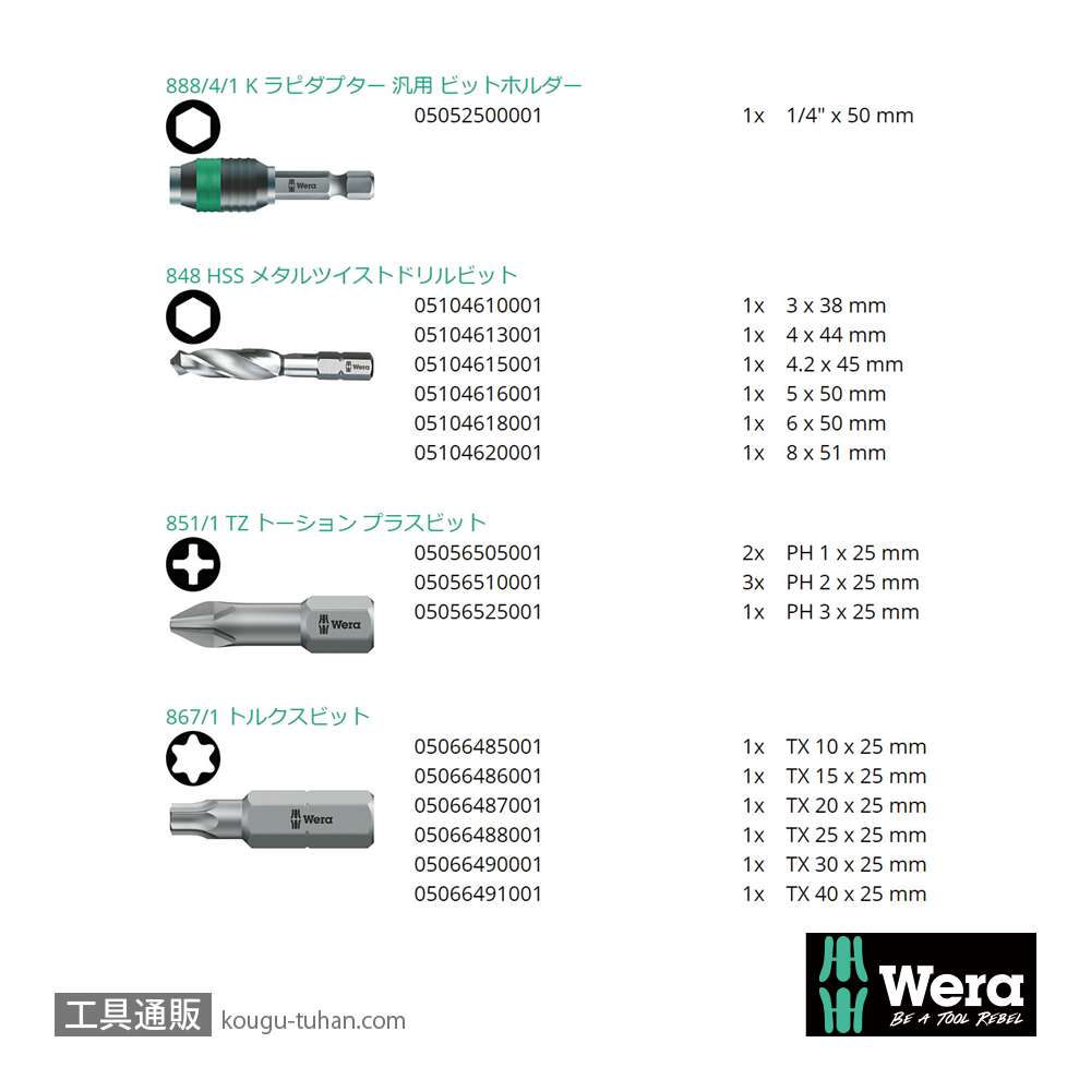 Wera 848/851/867/19 鉄鋼用ドリル/プラス/トルクスビットセットの画像
