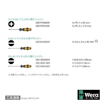 Wera 932 S/6 貫通ドライバーセット 6本組 1/4SQ穴付き(+,-)の画像