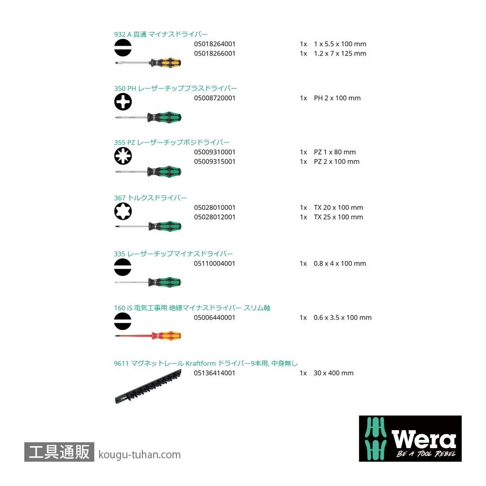 Wera 9650 マグネットレール クラフトフォーム ドライバーセットの画像