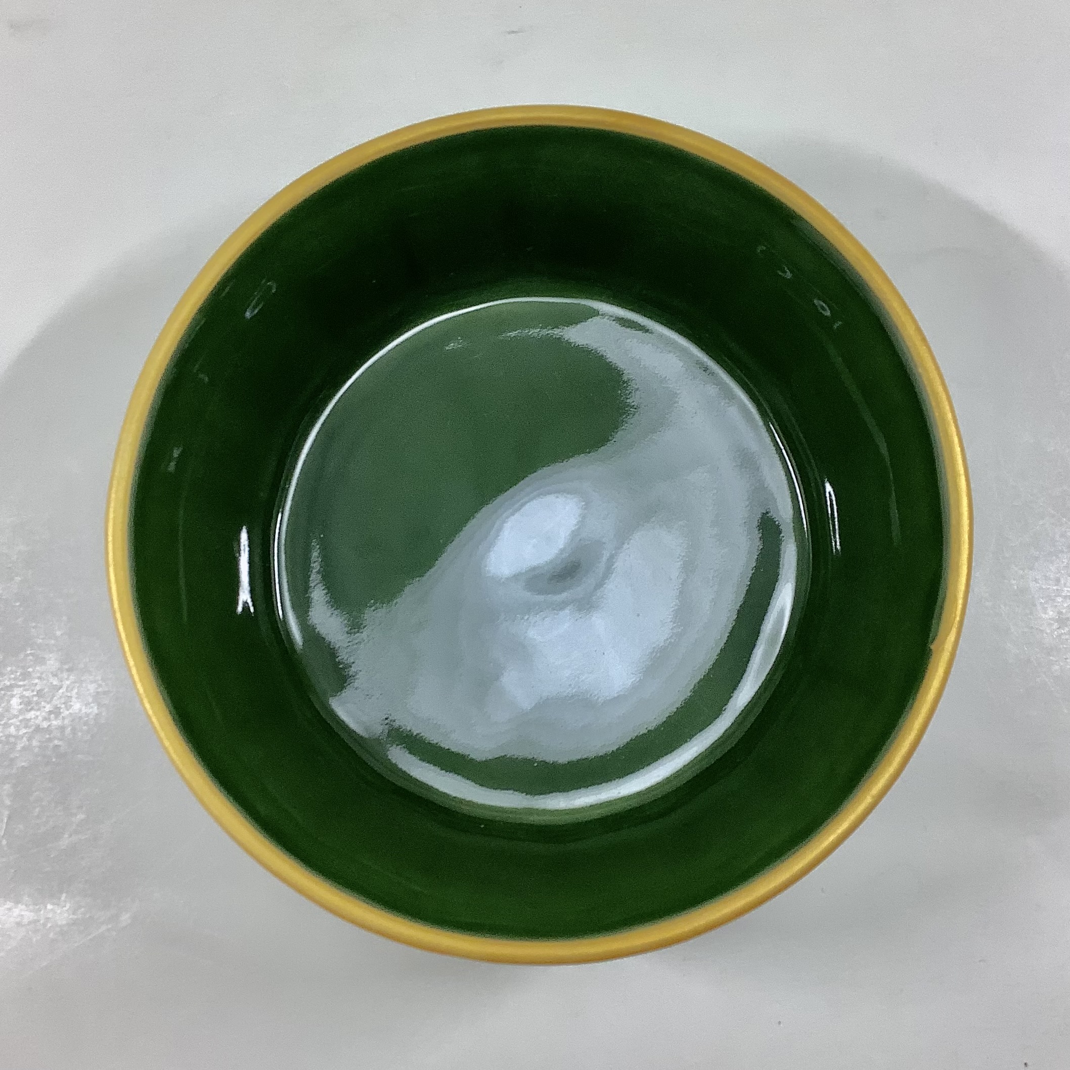 錦茶緑釉渕金 剣先彫り袋足向付　14㎝の画像