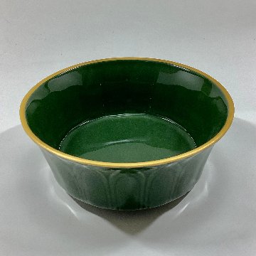 錦茶緑釉渕金 剣先彫り袋足向付　14㎝の画像