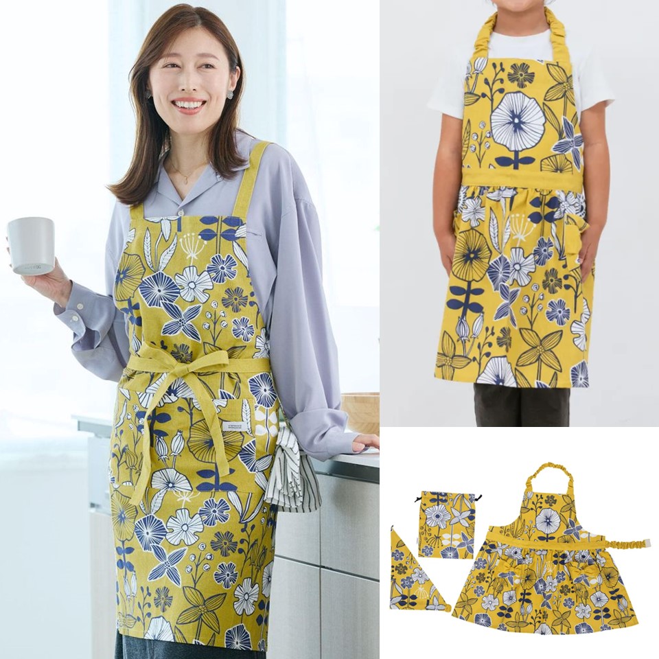 【親子でお揃いペアエプロンセット】可愛い花柄イエローの画像