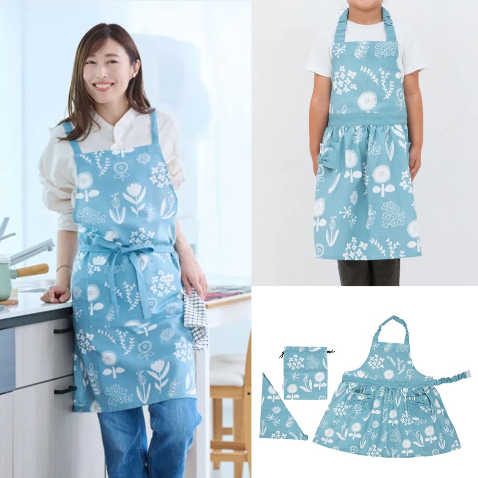 【親子でお揃いペアエプロンセット】可愛い花柄ブルーの画像