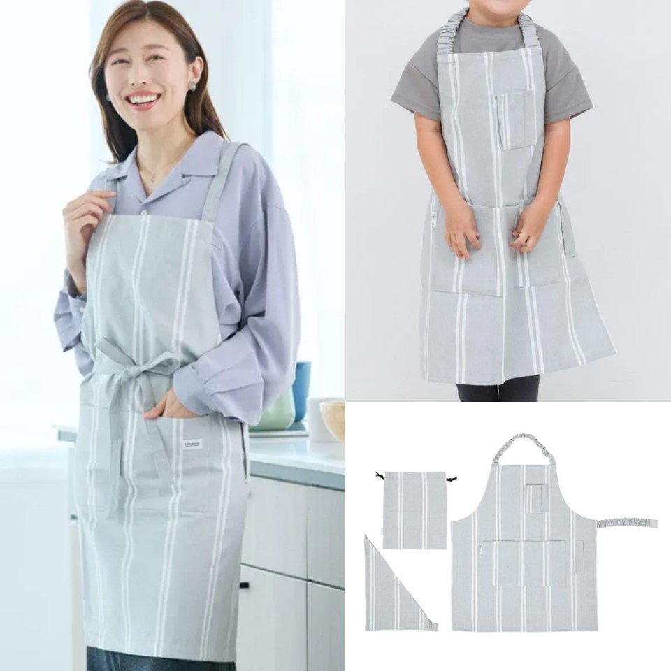 【親子でお揃いペアエプロンセット】　男女兼用　グレーストライプの画像
