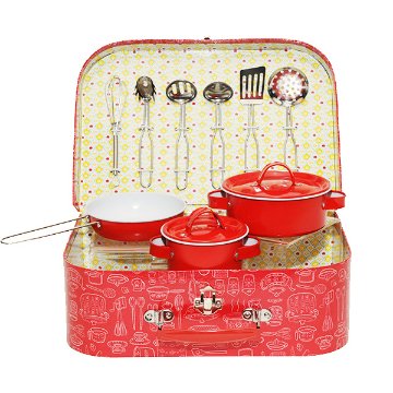 【おままごと】赤いヴィンテージ風キッチンツールセット　おしゃれなボックスケース付画像