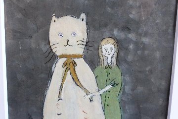 浅野　玲　アンティークブリキ　アクリル画　額縁入　「猫と女の子」画像