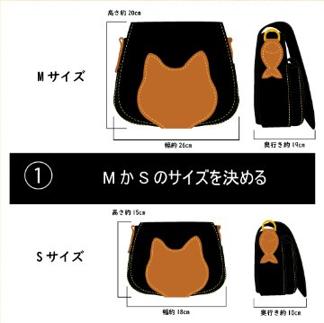 Cat's face on bag /M サイズ・本体緑、猫とお魚ナチュラル色（展示品）（最後の１つ）の画像