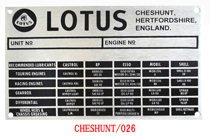 CHASSIS IDプレート・Lotus・CHESHUNT 62-67の画像