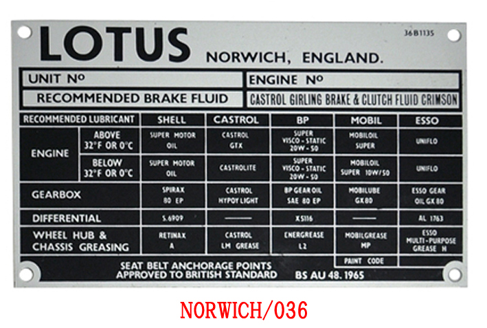 CHASSIS IDプレート・Lotus・Norwich画像