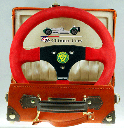 レーステック・ケーターハムロゴ・赤裏革（スウェード）特注在庫ステアリング260mmの画像