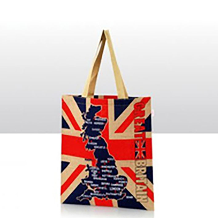 ジュート８麻）バッグショッピングエコバッグ、ユニオンジャック、イギリス地図、肩紐付きの画像
