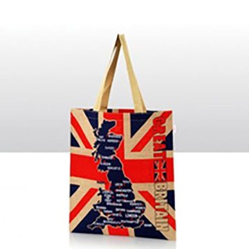 ジュート８麻）バッグショッピングエコバッグ、ユニオンジャック、イギリス地図、肩紐付きの画像