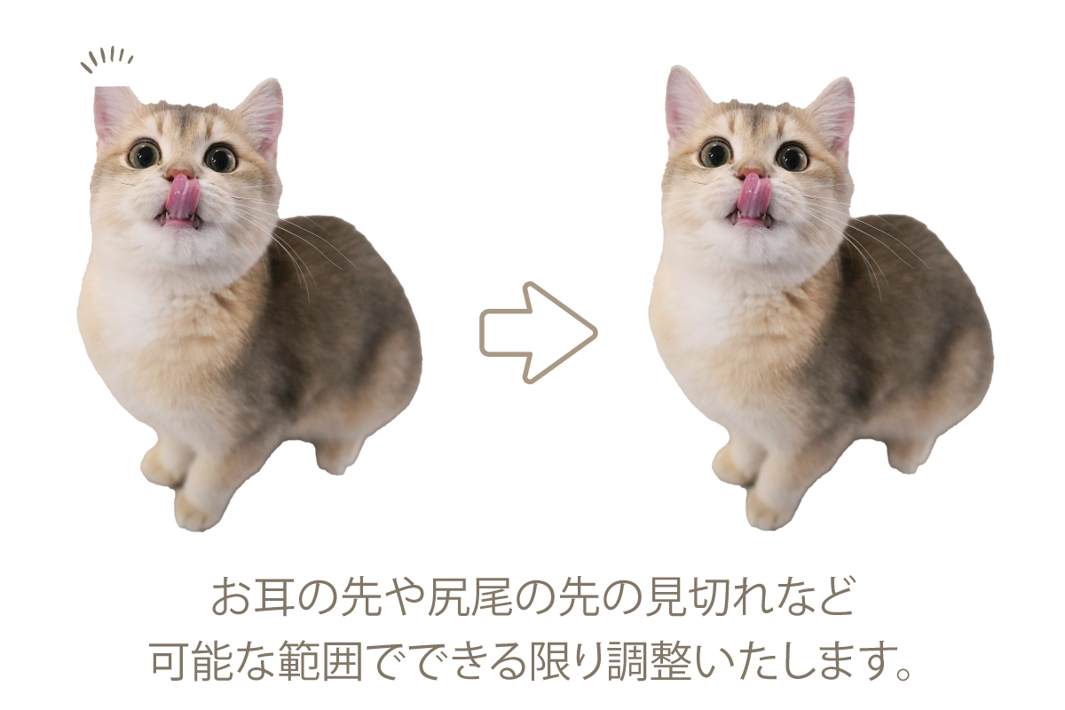 耳やしっぽが見切れた写真を調整したふちどりクッションの例