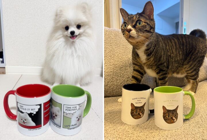 犬と猫の写真で作ったペアカラーハンドルマグカップの仕上がり写真（お客様の声）