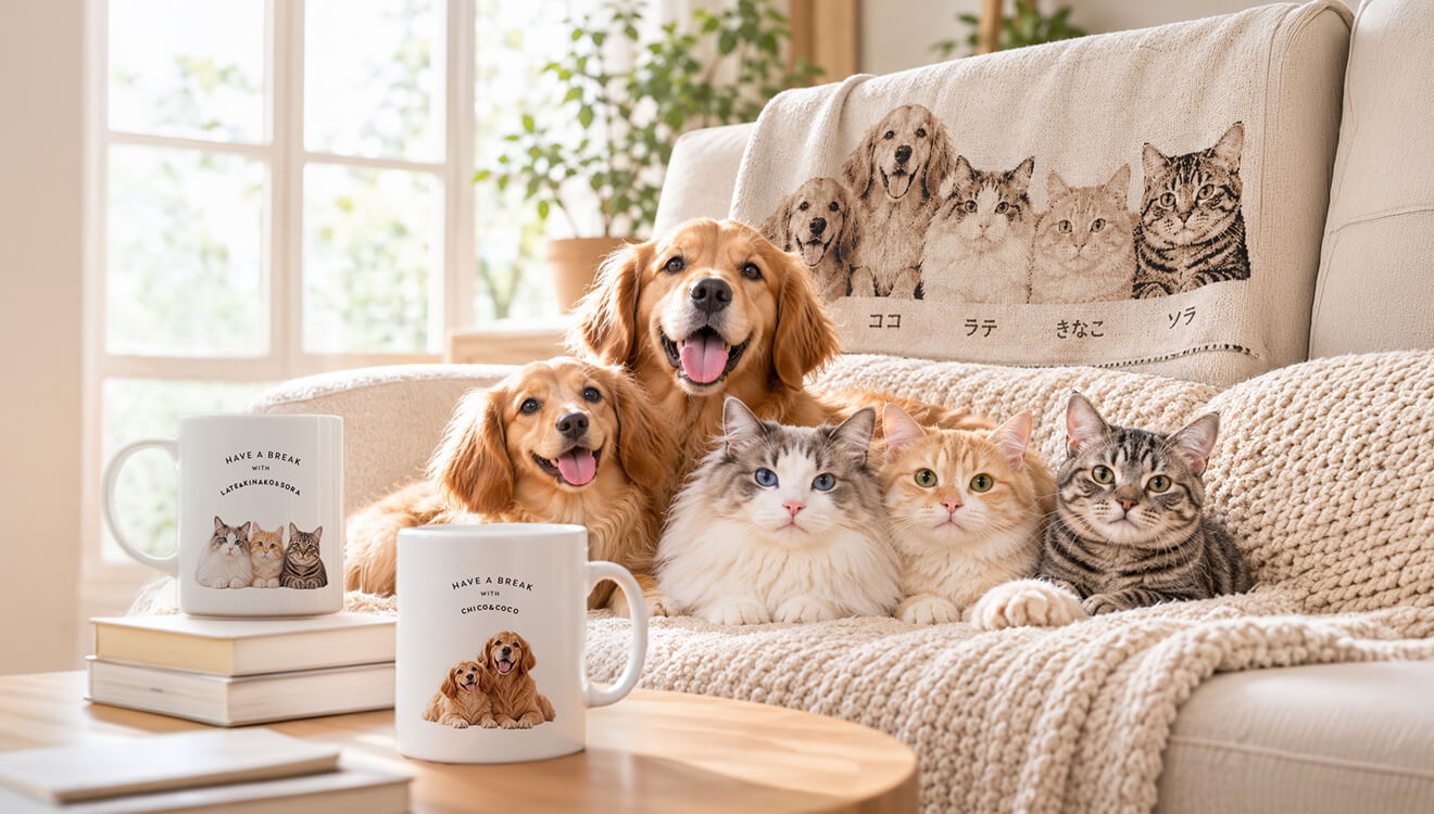 ペットの写真で作るマグカップやブランケットと、ソファでくつろぐ犬と猫