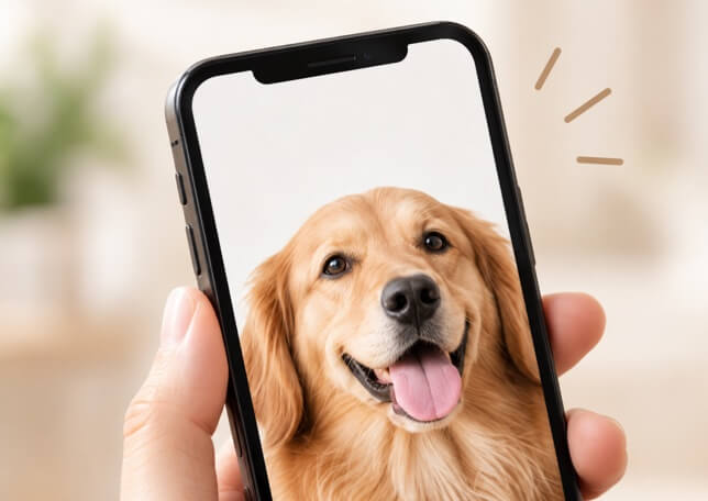 スマートフォンに表示したペットの写真