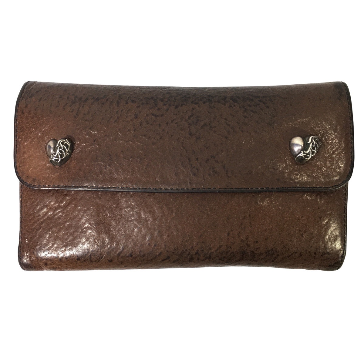 CHROME HEARTS クロムハーツ ウェーブウォレット 原本付 レザーウォレット ハートボタン 長財布 WALLET WAVE HEART HRT BLL 茶 　の画像