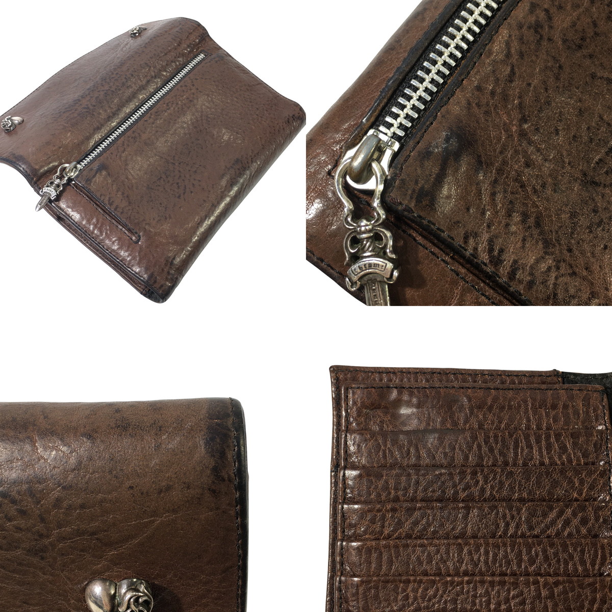 CHROME HEARTS クロムハーツ ウェーブウォレット 原本付 レザーウォレット ハートボタン 長財布 WALLET WAVE HEART HRT BLL 茶 　の画像