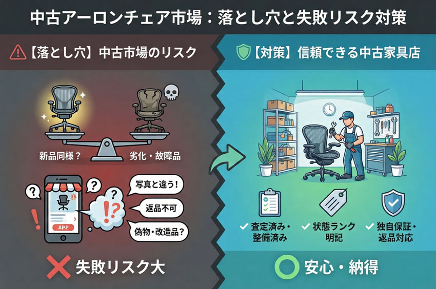中古アーロンチェア購入の落とし穴と信頼できる中古家具店の対策を比較した図解