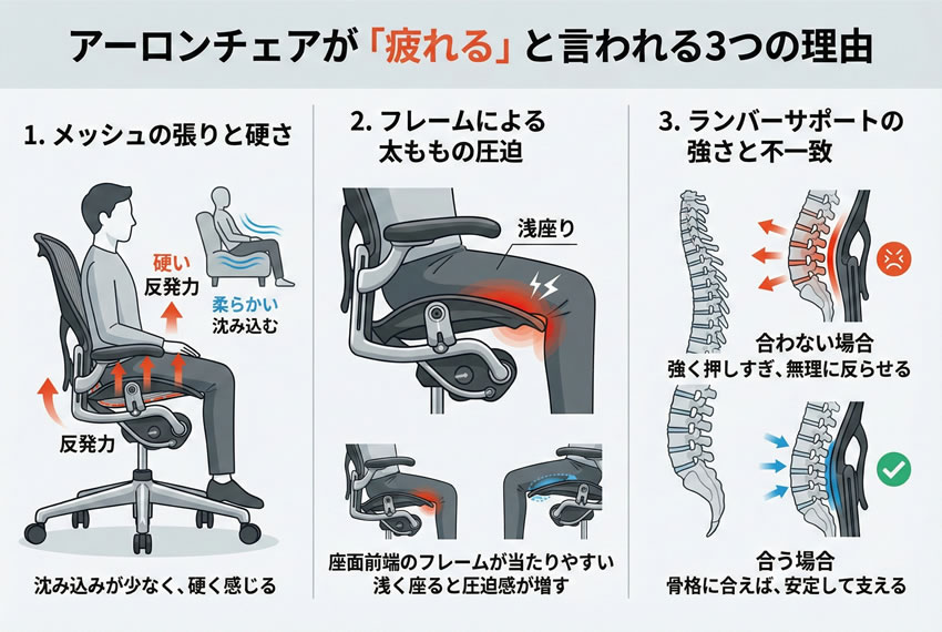 アーロンチェアが疲れる原因を図解で説明した比較イラスト(メッシュ硬さ・太もも圧迫・ランバーサポート)