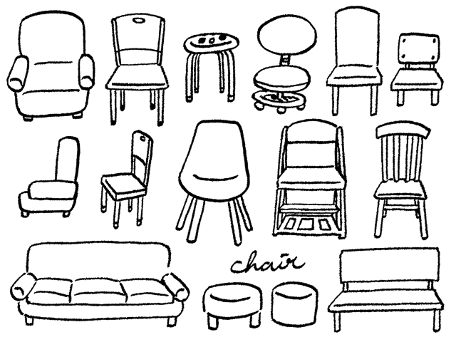 さまざまなタイプの椅子を比較するイラスト。オフィスチェアの機能・座り心地の違いを表現