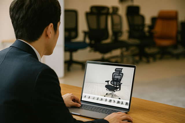 スーツ姿の男性がパソコン画面でエルゴヒューマンのオフィスチェアを比較している様子