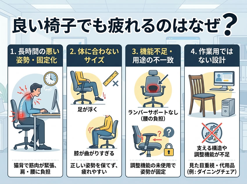 良い椅子でも疲れる理由を解説した図 長時間姿勢やサイズ不一致など4つの原因