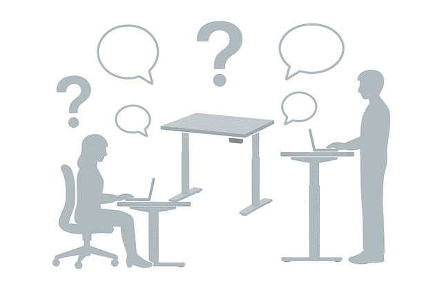 昇降デスクを使う男女・疑問符を組み合わせたFAQ