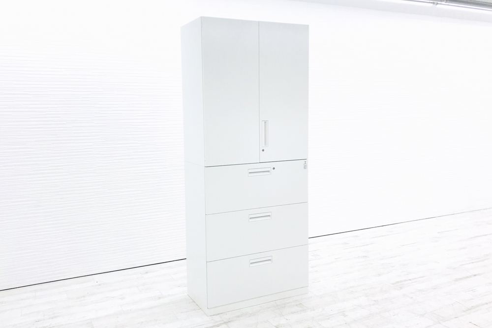 スチール 書庫 ラテラル書庫 両開き書庫 中古 3段ラテラル コクヨ エディア 【上下セット】 収納家具 中古オフィス家具 ホワイト 900/450/2150の画像