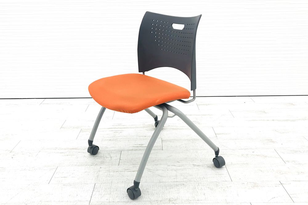 ライオン ミラシオチェア ミーティングチェア 会議椅子 パイプ椅子 スタッキングチェア 中古オフィス家具 No.1210F オレンジ画像
