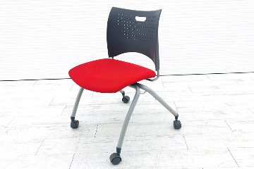 ライオン ミラシオチェア ミーティングチェア 会議椅子 パイプ椅子 スタッキングチェア 中古オフィス家具 No.1210F レッド画像