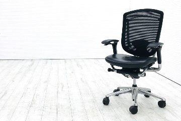 コンテッサチェア 中古 オカムラ コンテッサ 中古オフィス家具  オフィスチェア ブラック 皮 メッシュ 高級椅子 事務椅子画像